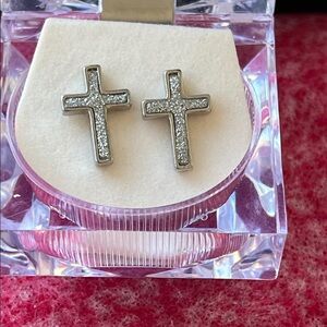 Silver Pave Cross Earrings